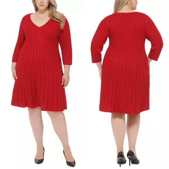 NWT Jessica Howard Red V-Neck 3/4 Sleeve Cable Knit Sweater Dress 2X - Picture 1 of 9